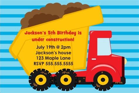 Dump Truck Construction Invitation Personalized Party Invites