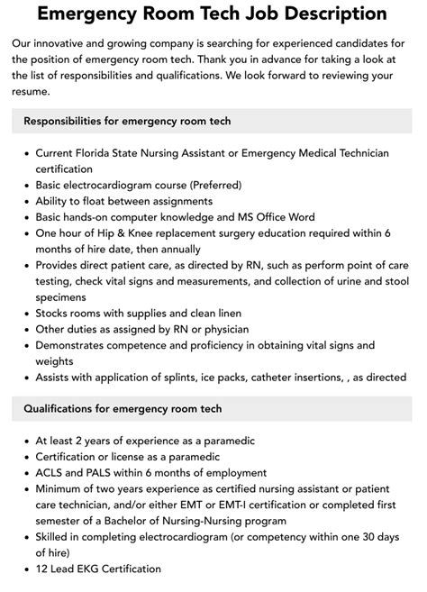 Emergency Room Tech Job Description Velvet Jobs