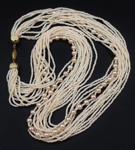 Vintage Torsade Faux Ivory Pearl Glass Seed Bead Multi Strand Necklace