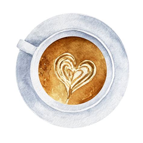 Watercolor Cup Of Coffee With Heart Pattern In A White Cup Top View