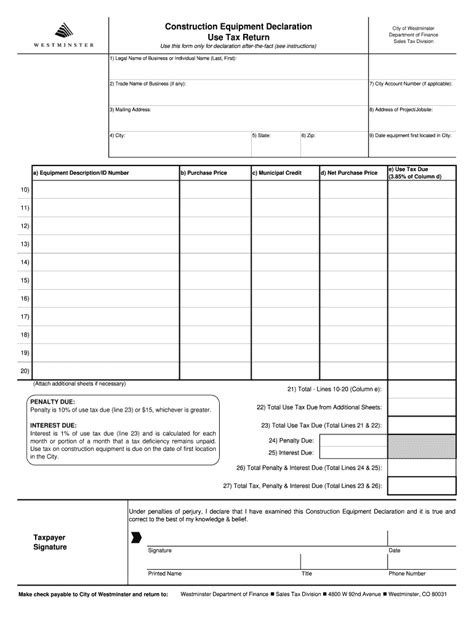 Fillable Online Ci Westminster Co Construction Equipment Declaration