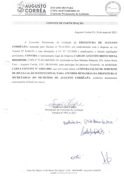 CARTA CONVITE Prefeitura Municipal de Augusto Corrêa Gestão 2021 2024