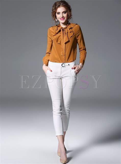 Elegant Tied Falbala Collar Slim Blouse Slim Blouse Fashion Falbala