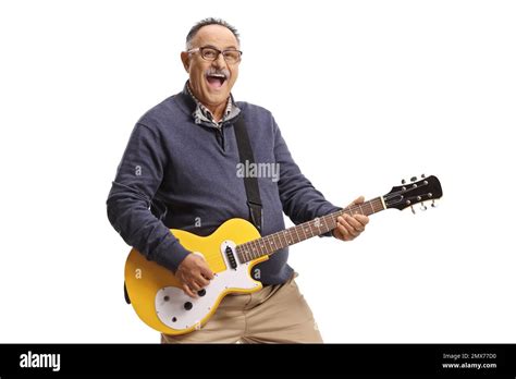 Energetic Mature Man Playing A Guitar Isolated On White Background