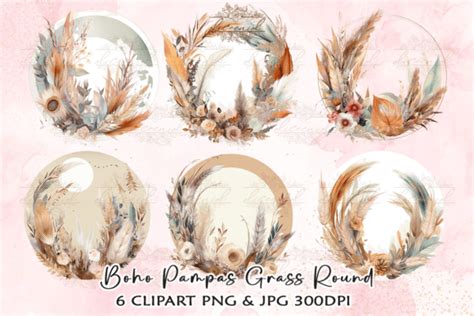 Boho Pampas Grass Round Frame Clipart Graphic By Diceenid · Creative Fabrica