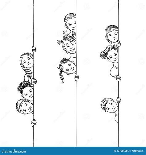 Kids Looking Around the Corner, Black and White Stock Vector ...