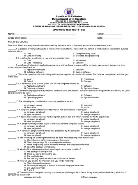 Diagnostic Test Ict 9 Pdf Computer Hardware Personal Computers