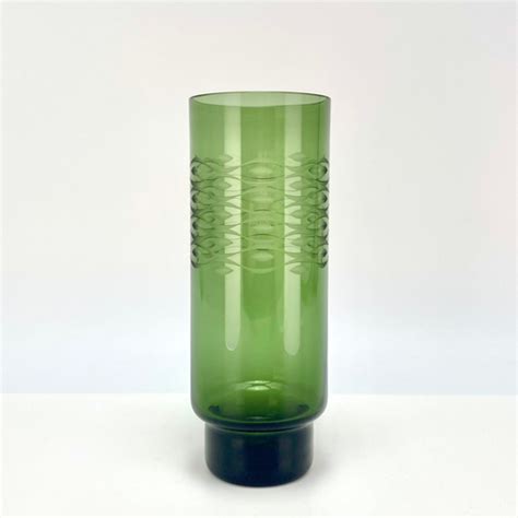 1960s Olive Green Vase W Stunning Geometric Cut Glass Pattern