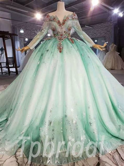 Light Green Wedding Dress Ball Gown Long Sleeve With Train