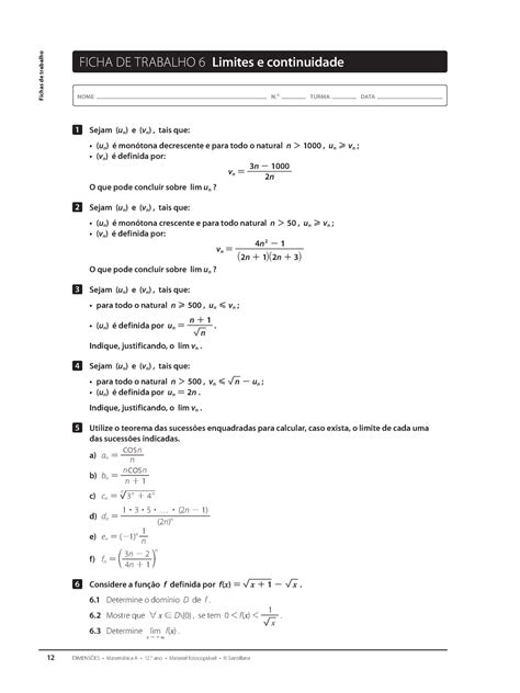 Ficha De Trabalho 06 12 Ano Limites E Continuidade 12 Fichas De