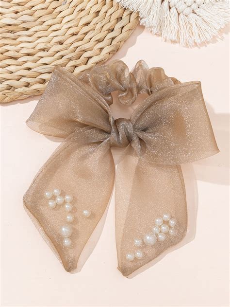 Faux Pearl Bow Decor Scrunchie Diy Hair Accessories Ribbon Hair