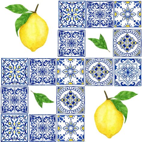 Watercolor Hand Drawn Seamless Pattern With Lemon Citrus Fruit Blue