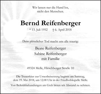 Traueranzeigen Von Bernd Reifenberger Noz Trauerportal