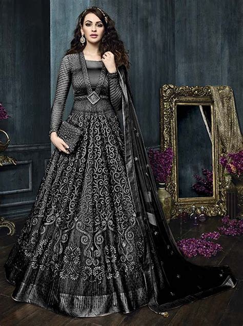 Mehendi Sangeet Party Wear Reception Black And Grey Color Net Fabric