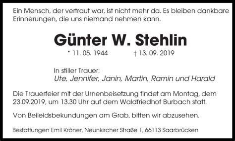 Traueranzeigen von Günter Stehlin Saarbruecker Zeitung Trauer de