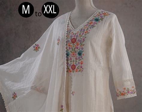 White Pure Cotton Dobby Floral Embroidery Kurti Pants Dupatta Summer Indian Ethnic Wear Women