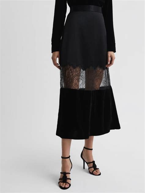 Reiss Tilly Fitted Satin Velvet Midi Skirt Reiss Usa