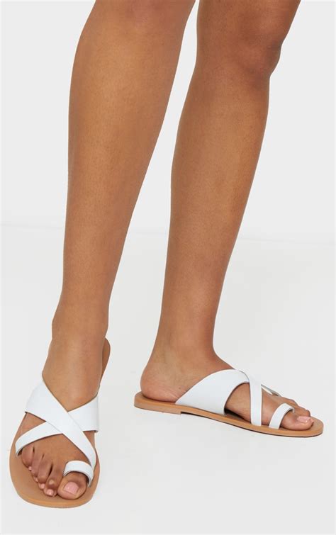 White Wide Fit Leather Cross Strap Toe Loop Sandal Prettylittlething Aus