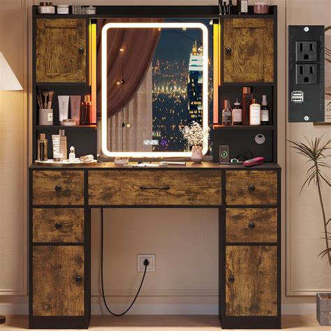 Tiptiper Makeup Vanity Desk With Digital Clock Mirror And Lights