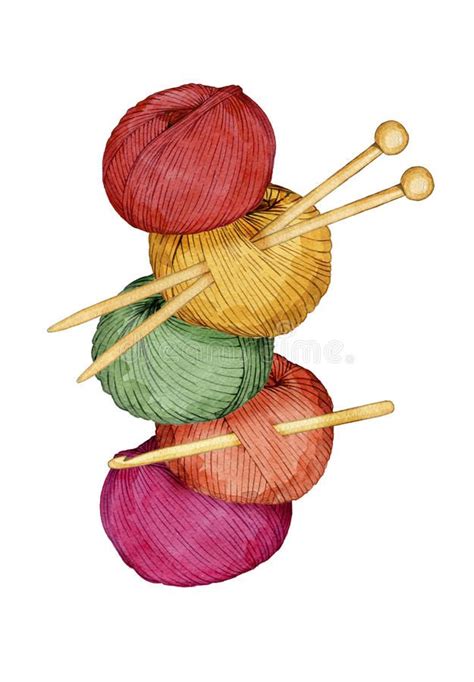 Hand Drawn Watercolor Tower Of Colorful Balls Of Yarn With Knitting Needles And Crochet Hook