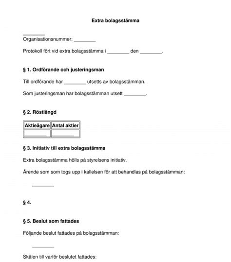 Stämmoprotokoll för extra bolagsstämma mall exempel