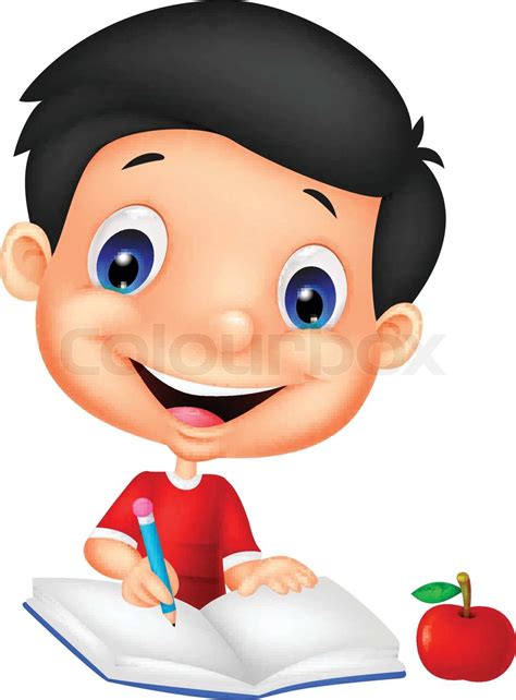 Happy Boy Cartoon Writing On A Book Stock Vector Colourbox