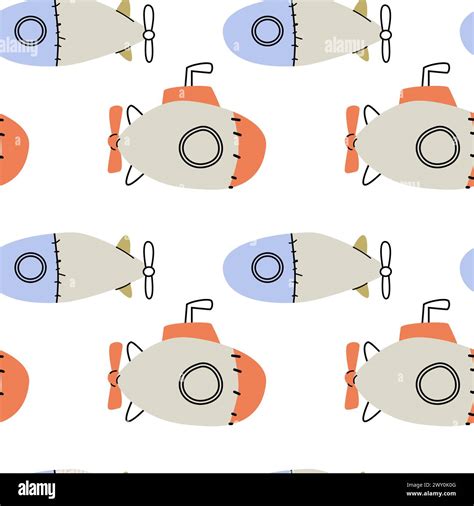 Cute Marine Baby Pattern With Submarine Seamless Vector Sea Print For