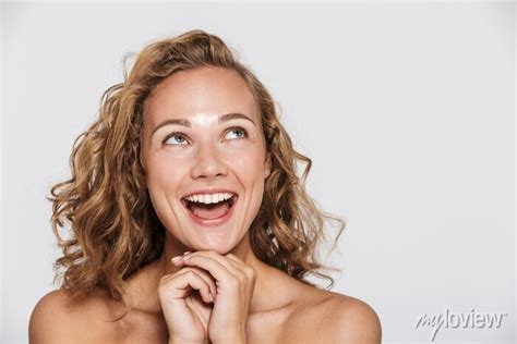 Image Of Happy Half Naked Woman Laughing And Looking Upward Adesivos