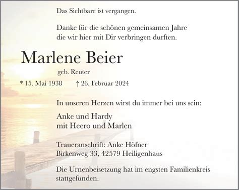 Traueranzeigen Von Marlene Beier Trauer In Nrw De