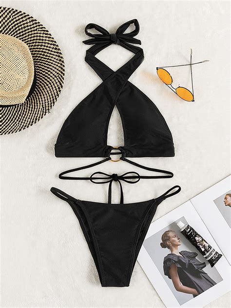 Ring Linked Criss Cross Thong Bikini Swimsuit Shein Usa