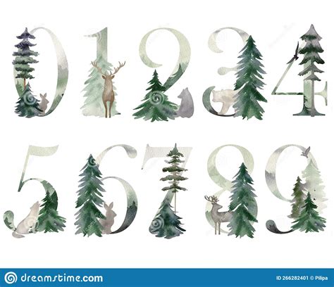 Watercolor forest numbers. stock illustration. Illustration of foliage - 266282401