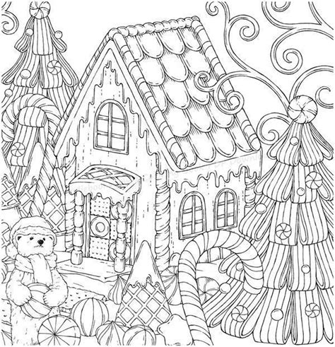 A Christmas Coloring Page With A House And Trees In The Background One