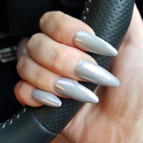 Stiletto Acrylic Extensions With Colour Changing Grey Gel Polish And