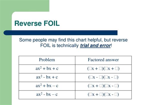 Ppt 10 5 Factoring Trinomials Reverse Foil Powerpoint Presentation Id 5573652