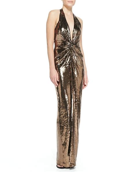 NYE 2014 Halston Heritage Metallic Sequined V Neck Halter Gown Bronze