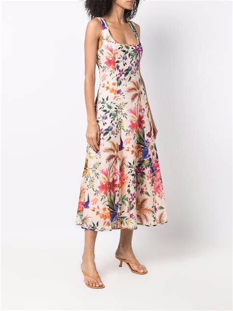 Zimmermann Tropicana Floral Print Cutout Linen Midi Dress In Multicolor