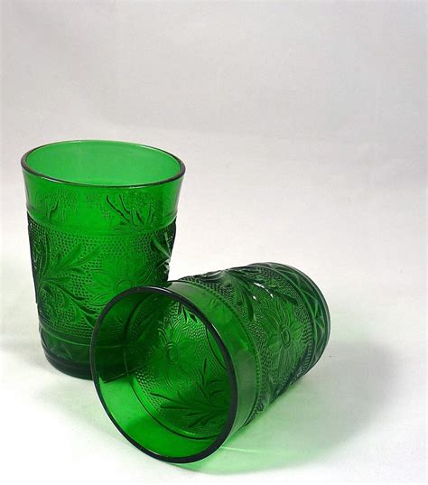 Two Dark Green Sandwich Glass Depression Glass Tumblers