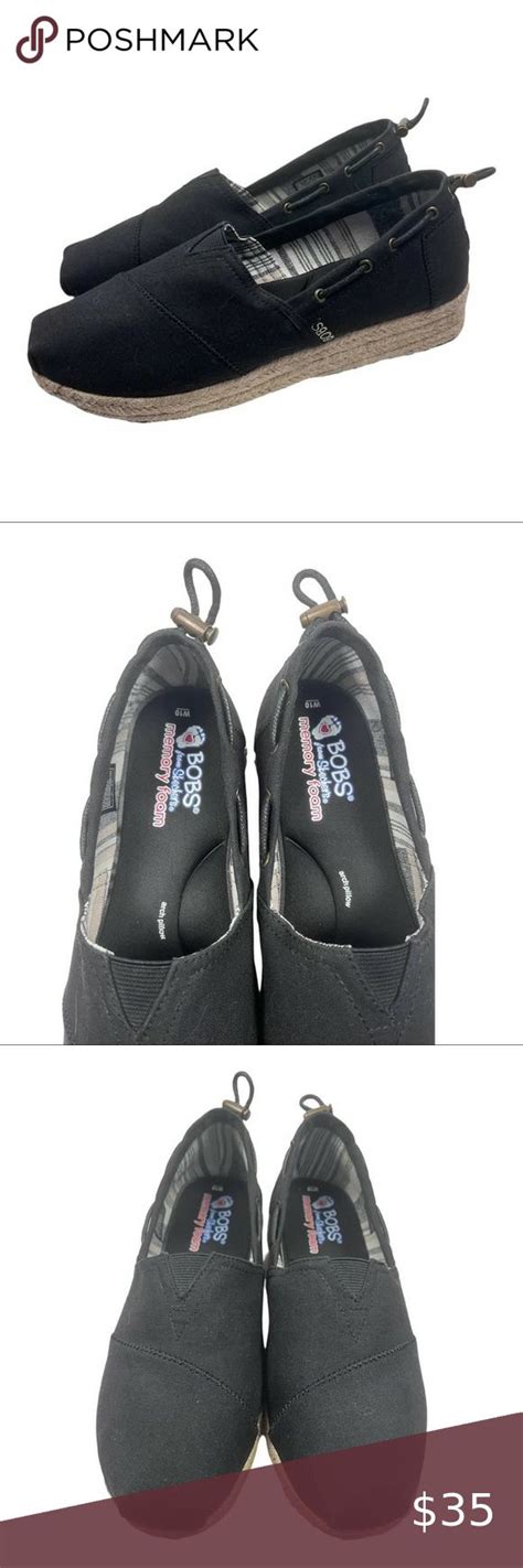 Skechers Bobs Highlights Set Sail Wedge Shoes Black Canvas Espadrille Size 10