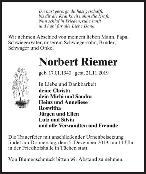 Traueranzeigen Von Norbert Riemer Trauer Anzeigen De