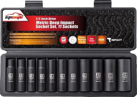 Epauto 12 Inch Drive Metric Deep Impact Socket Set Cr V 6 Points 11 Sockets