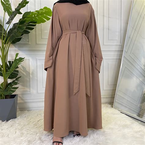 Muslim Fashion Hijab Long Dresses Women With Sashes Solid Color Islam