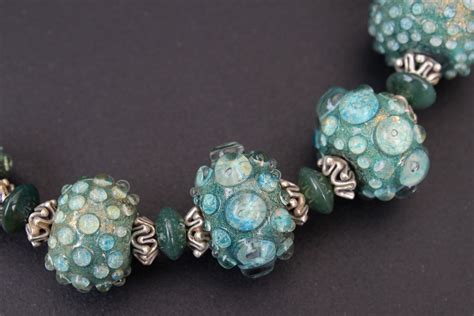 Green And Blue Lampwork Beads With Melted In Silver And Golden Sparkles Lampwork Beads Handmade