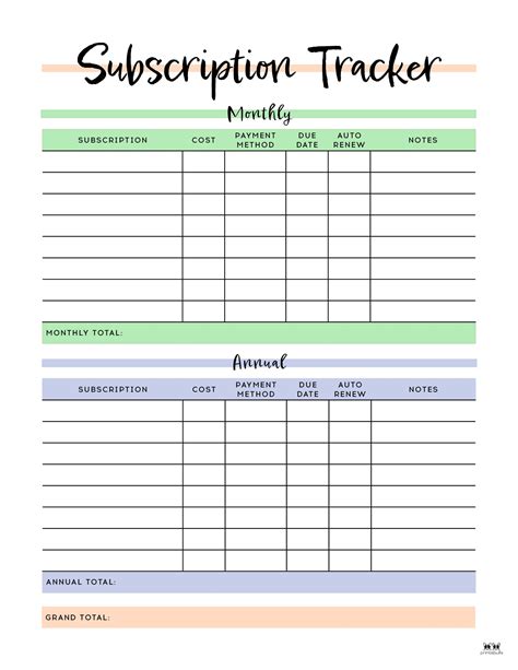 Subscription Trackers 12 FREE Printables Printabulls