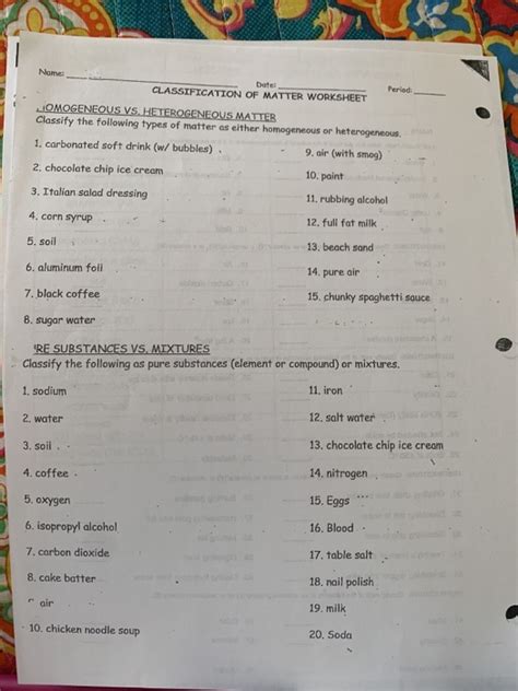 Solved Name Date Classification Of Matter Worksheet Chegg