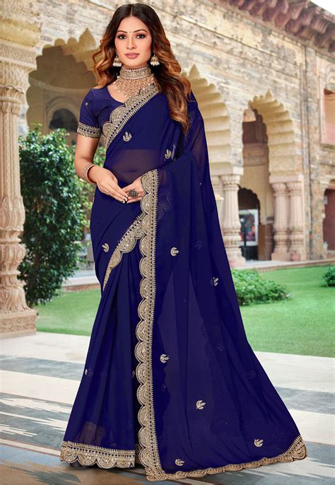 Buy Embroidered Georgette Saree In Navy Blue Online Scba4673 Utsav Fashion