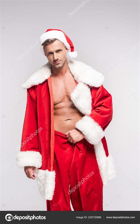 Sexy Muscular Man Santa Costume Looking Camera Isolated Grey — Stock