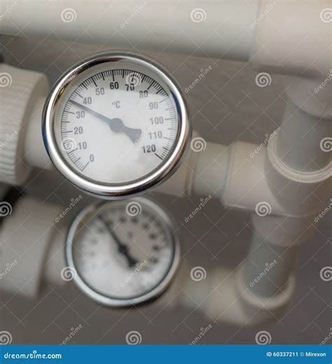 Temperature Gauge Mounted On The Heating Pipes Stock Image Image Of