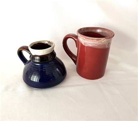 Vintage Artisanal Glazed Studio Pottery Ceramic Red White And Blue Mugs