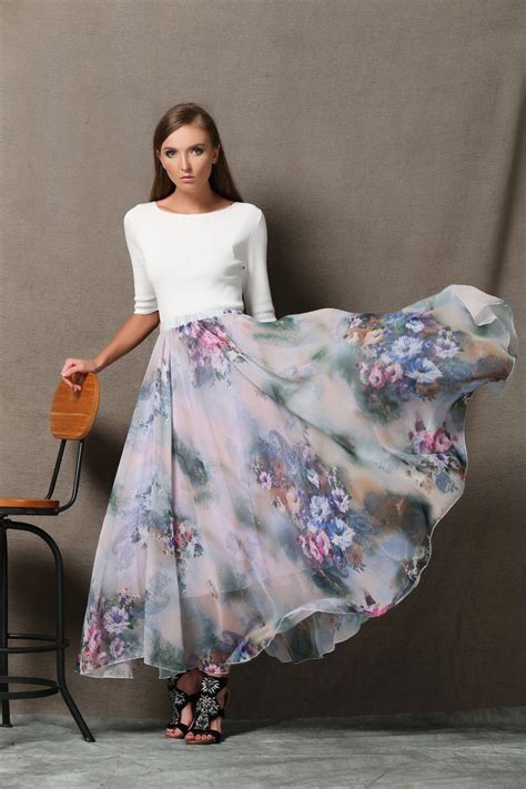 Summer Chiffon Skirt Soft Purple Flowers Maxi Long Floaty