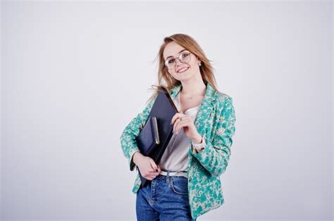 Premium Photo Stylish Blonde Girl In Jacket And Jeans At Glasses With Notebook Diary And